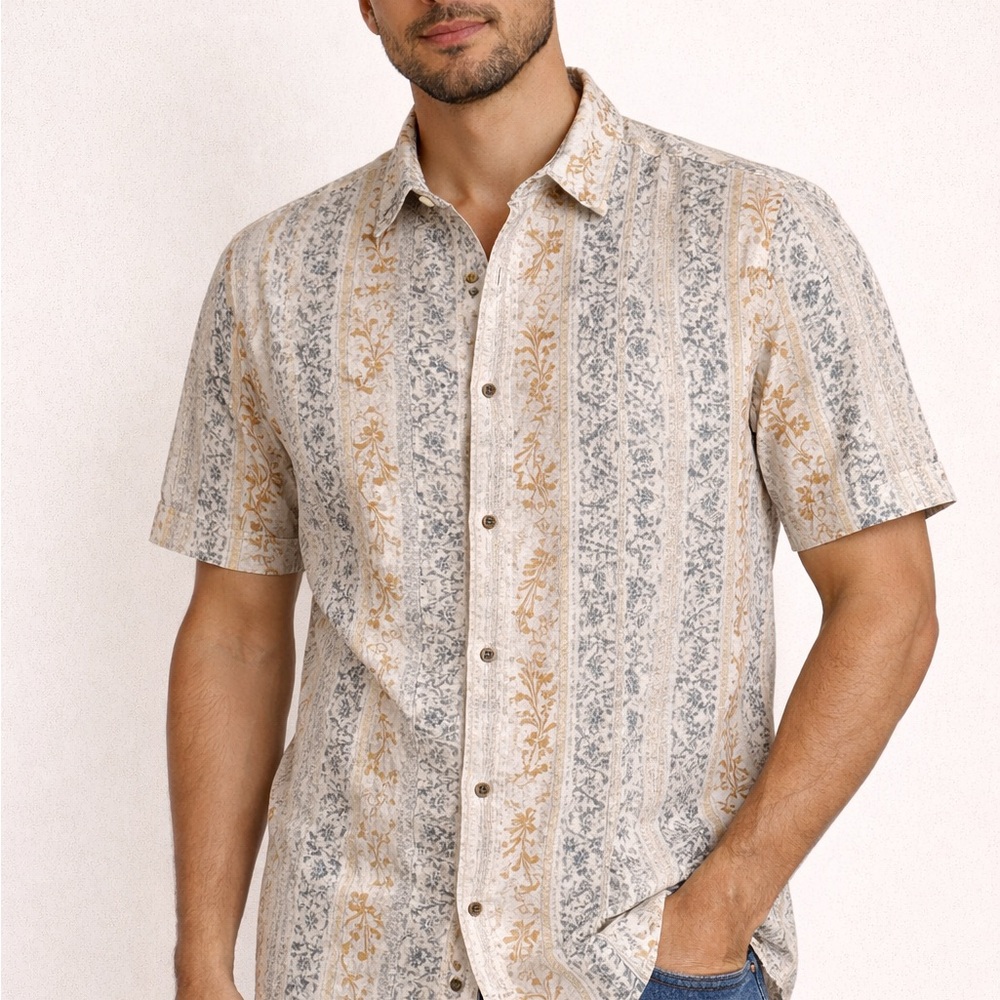 Claiborne Men's Tan and Gray Floral Button Down Shirt